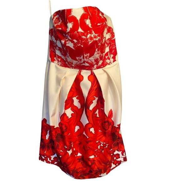 Tibi Rococo Vibrant Red and Cream 100% Silk Floral Boned Strapless Cocktail Dres - Picture 4 of 8